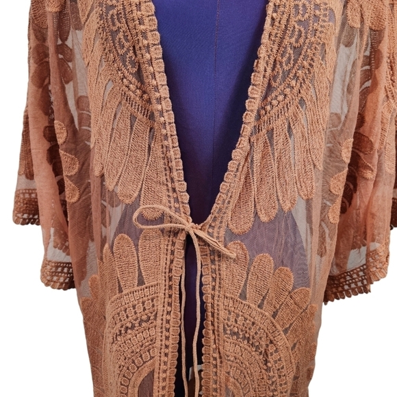 Style Apparel Sheer Lace Kimono Burnt Orange Bell‎ Sleeve Swim Cover-Up Small - Picture 3 of 10